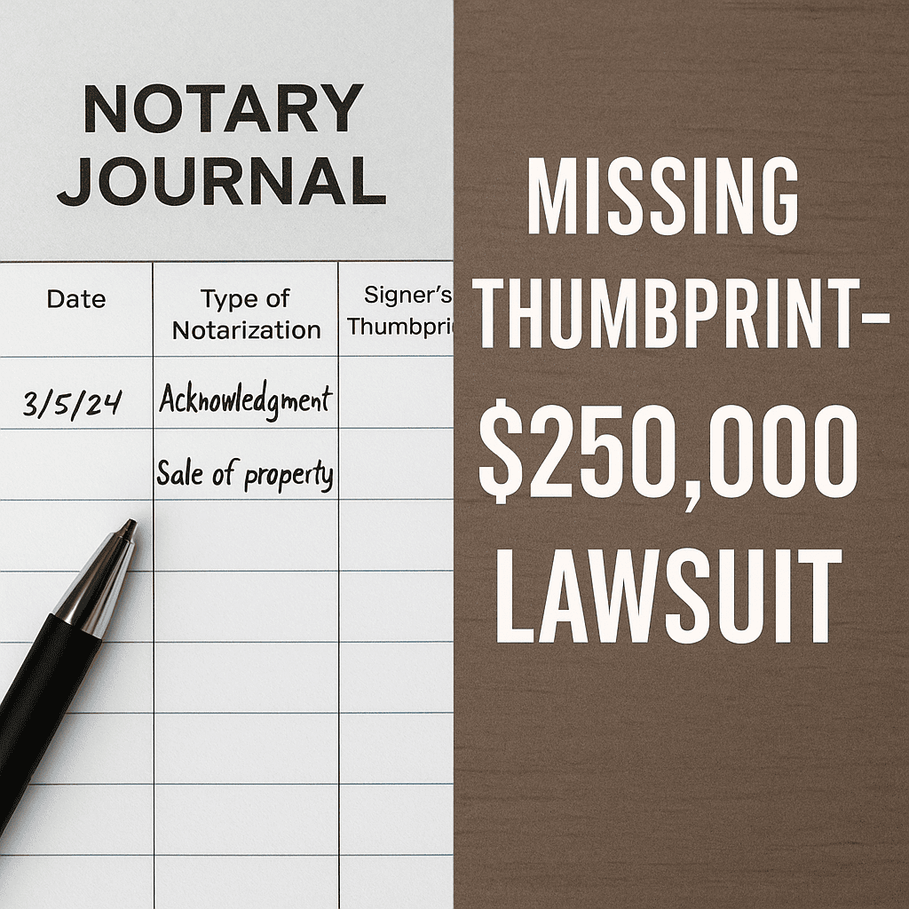 An open notary journal shows an incomplete entry missing a thumbprint. On the right side, bold text reads “MISSING THUMBPRINT – $250,000 LAWSUIT,” highlighting the risk of omission.