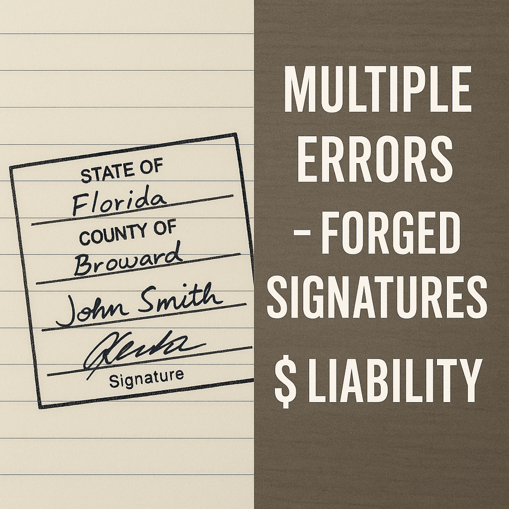 A notary certificate image with handwriting and signatures is displayed alongside bold text reading “MULTIPLE ERRORS – FORGED SIGNATURES – $ LIABILITY,” emphasizing the dangers of incomplete or incorrect journal entries.