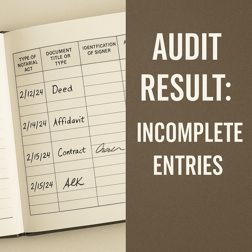 An open notary journal shows several entries with missing information. On the right side, bold text reads “AUDIT RESULT: INCOMPLETE ENTRIES,” highlighting risks discovered during an audit.