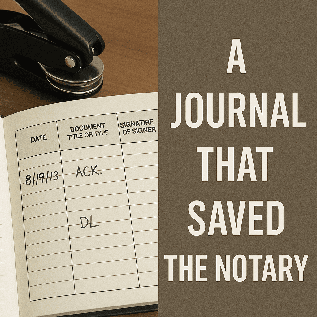 A notary journal entry table with columns for Date, Signer Name & Address, Notarization Type, Document Title, ID Presented, Signer Signature, and Thumbprint. The row shows: 08/27/2025, Betty Sample at 32109 Log Ave, notarization type Acknowledgment, document Letter of Employment, driver’s license ID details, her signature, and thumbprint.