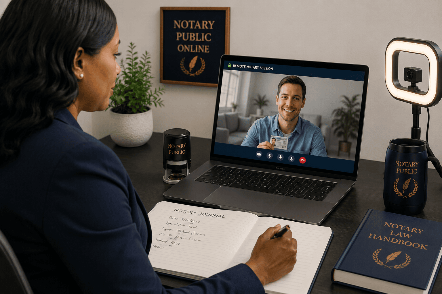 Remote notary session with a client via video call