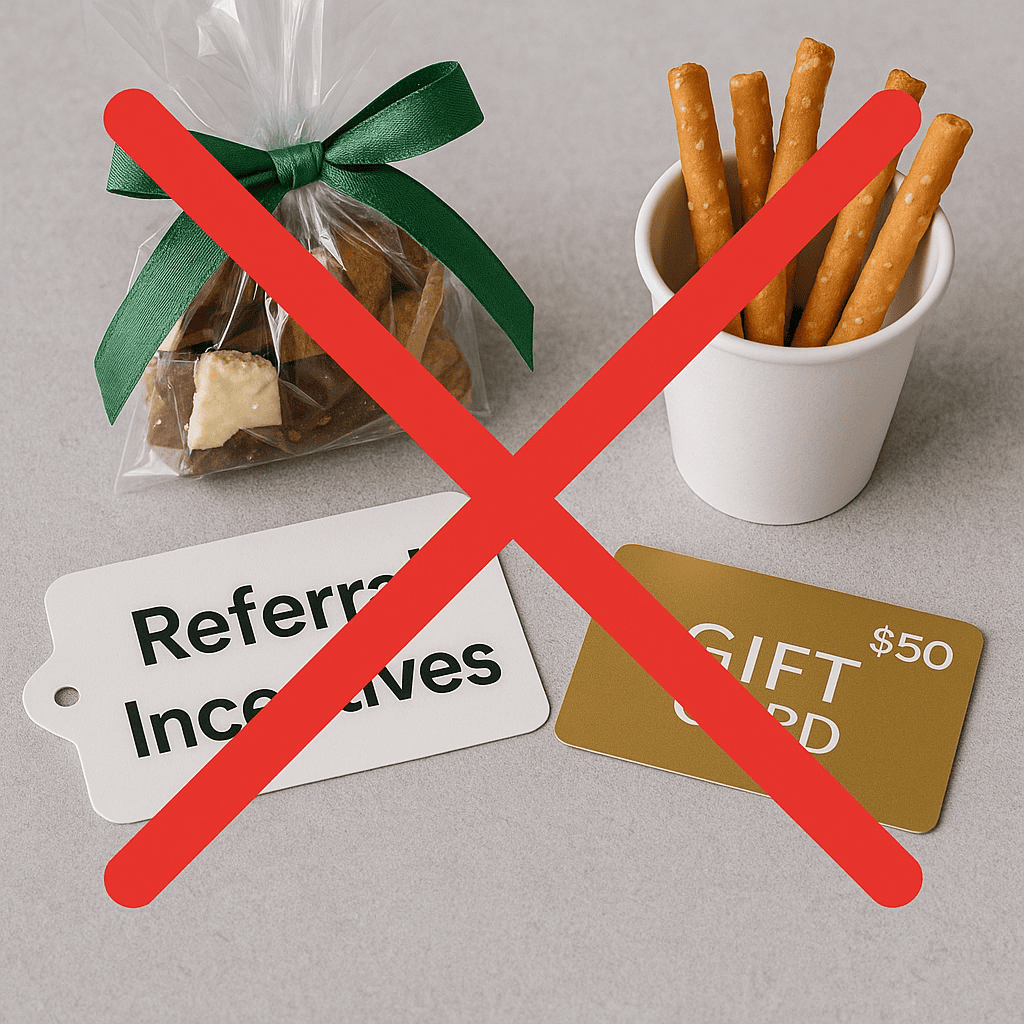 photo of referral incentives with a big X over it