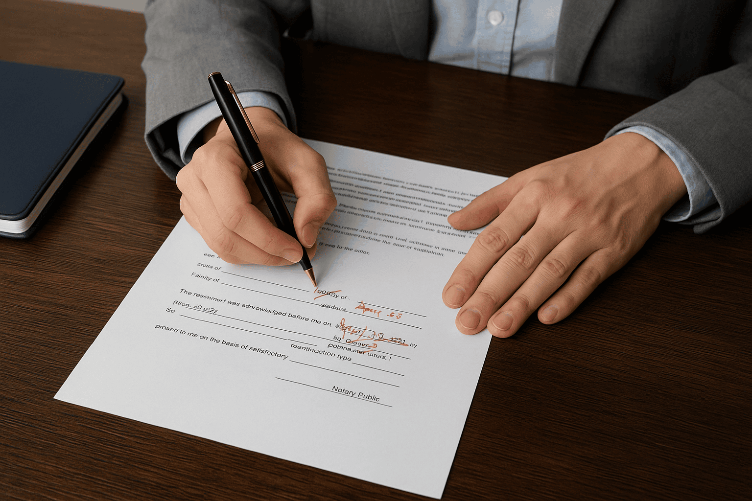 Notary correcting pre-filled certificate at signing table