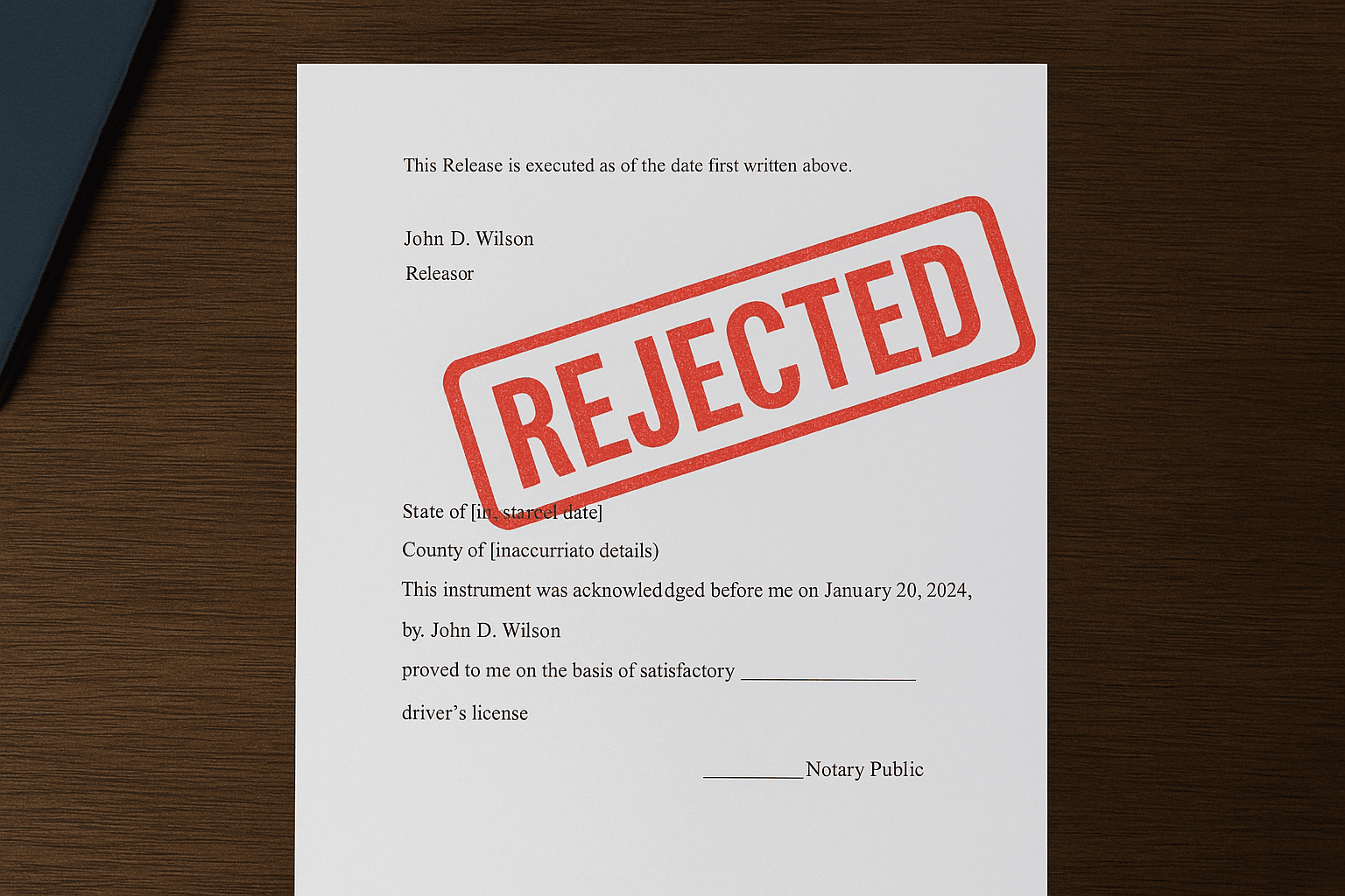 Rejected legal document with incorrect notary section
