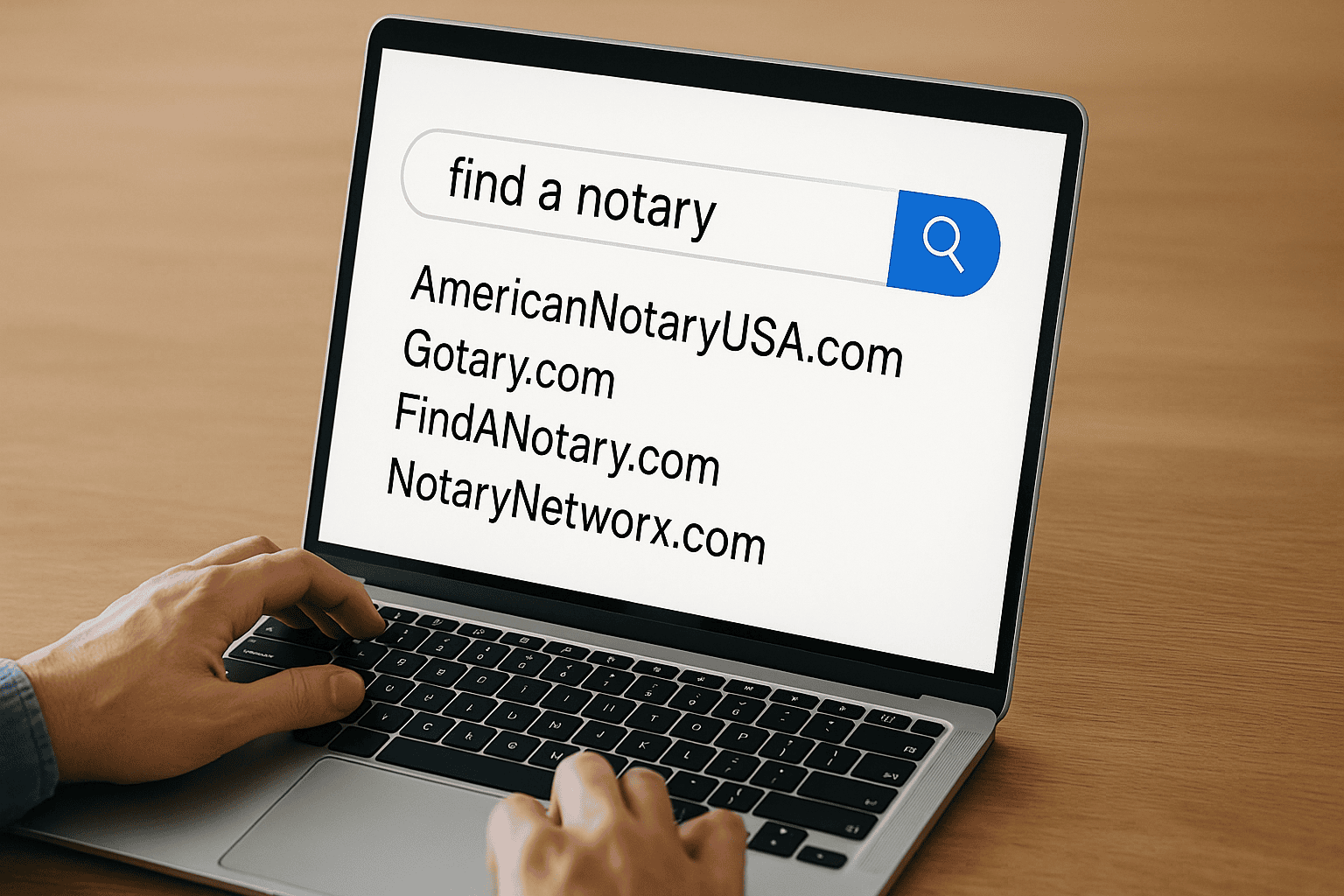 person at a laptop with a browser open to a search page and "find a notary" in the search bar with notary directory URLs below it