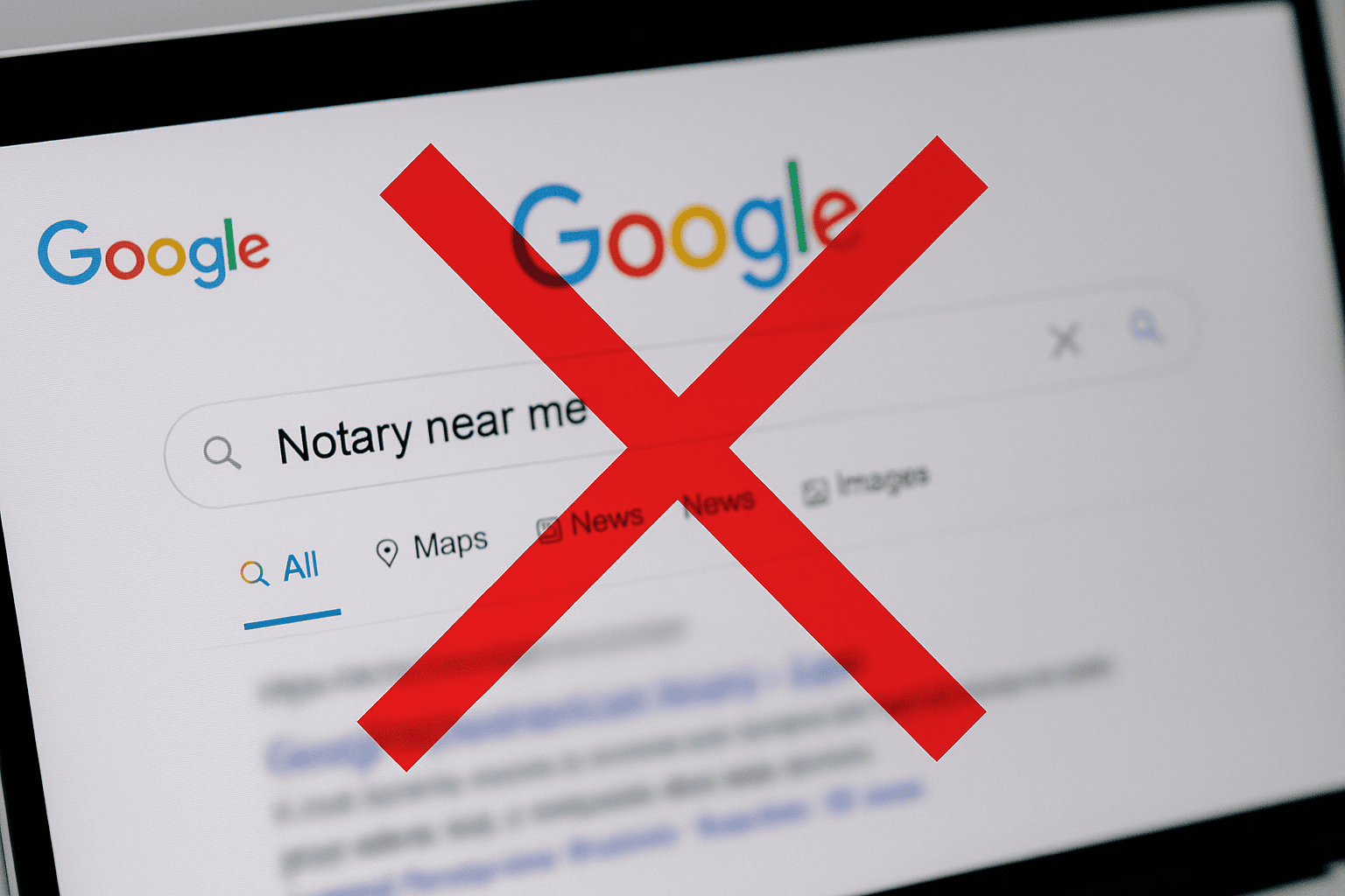 Image of a google search page with a red X covering it and notary near me in the search bar