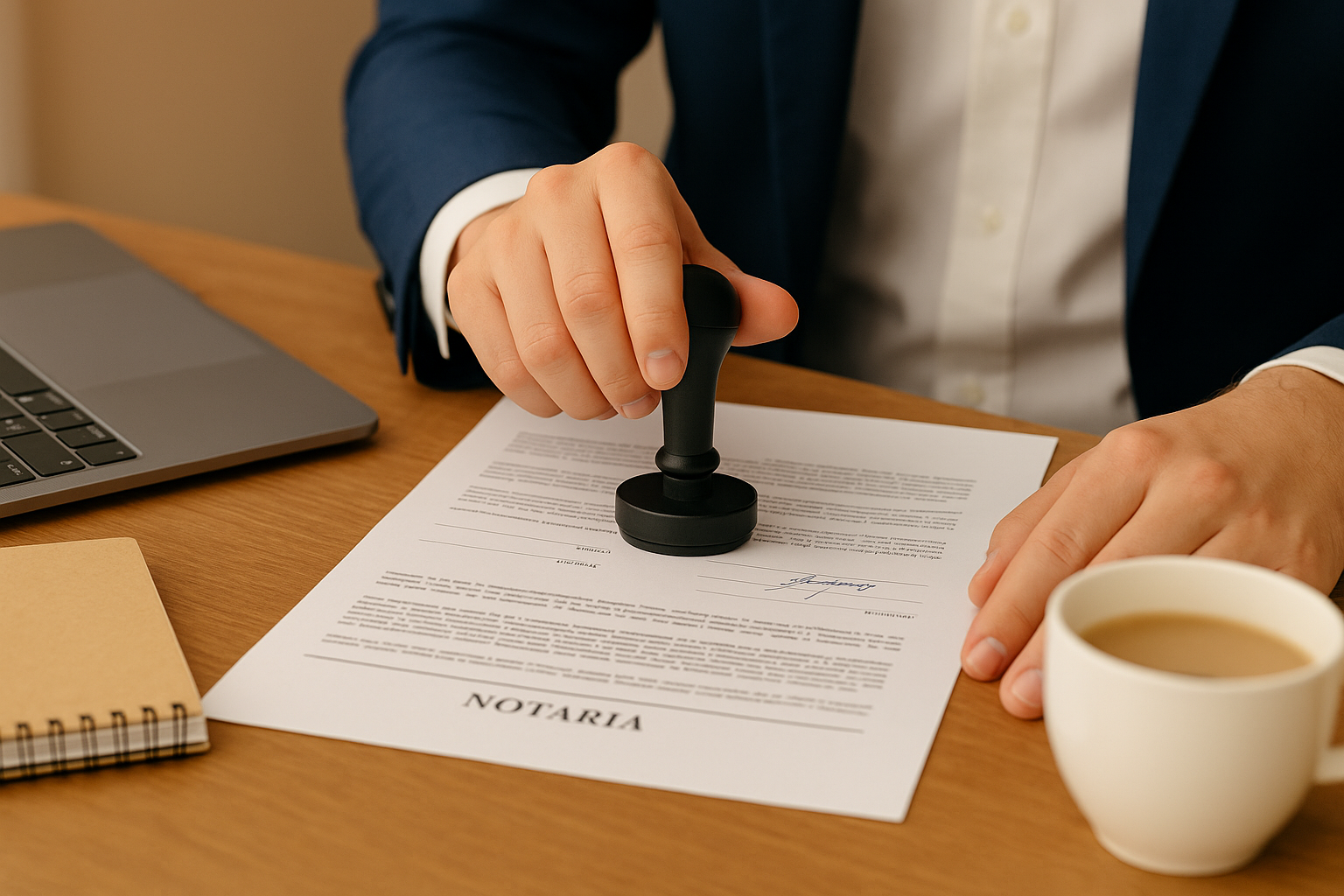 A notary stamping a legal document beside a laptop and coffee cup, symbolizing reliability, attention to detail, and professional value.