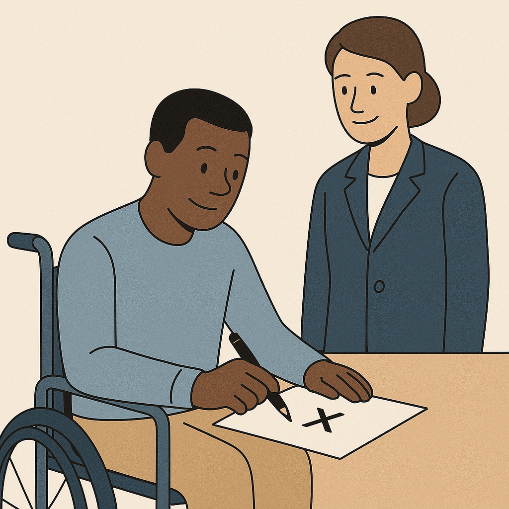 Illustration of a signer making a signature by mark with witness present