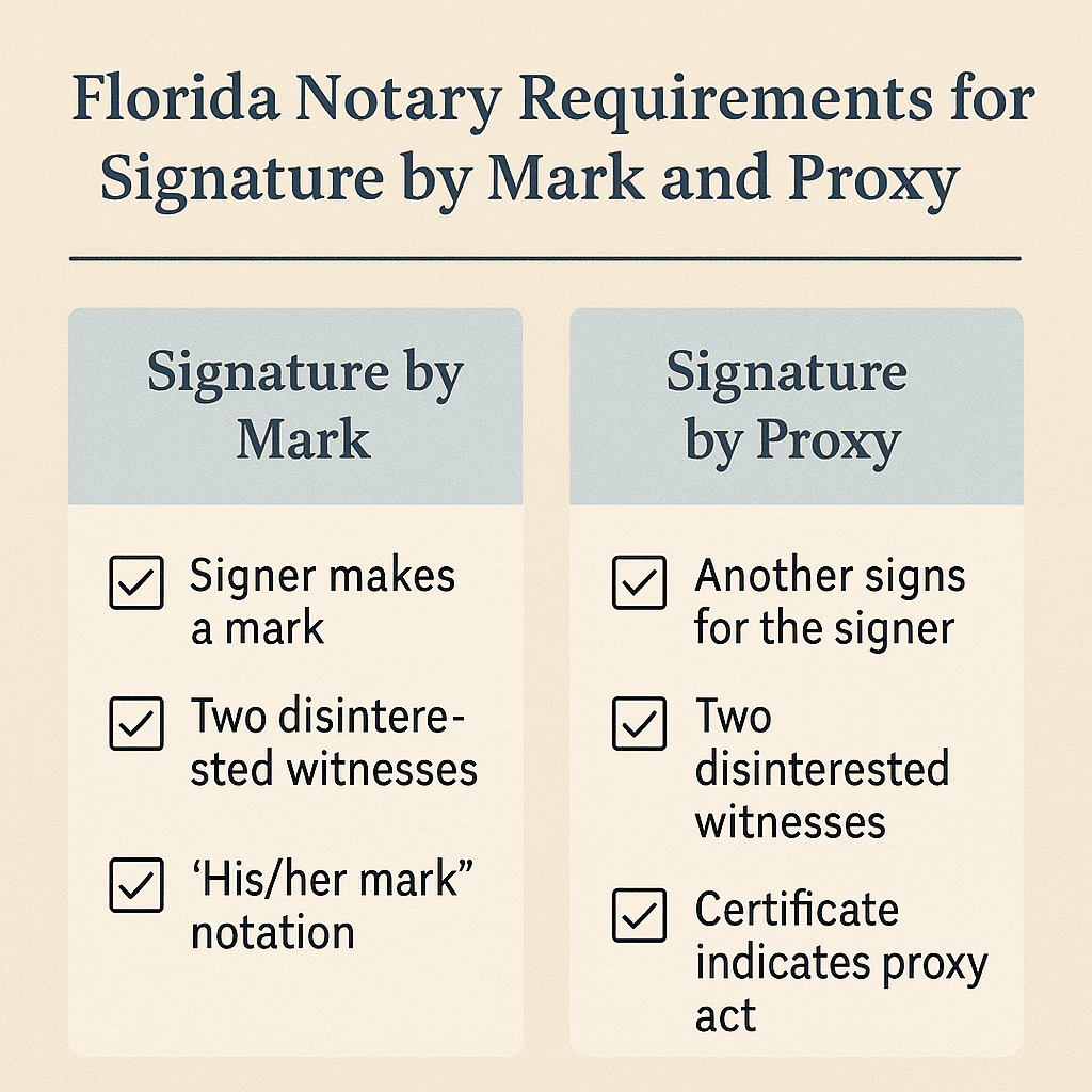 Checklist of Florida notary requirements for signature by mark and proxy