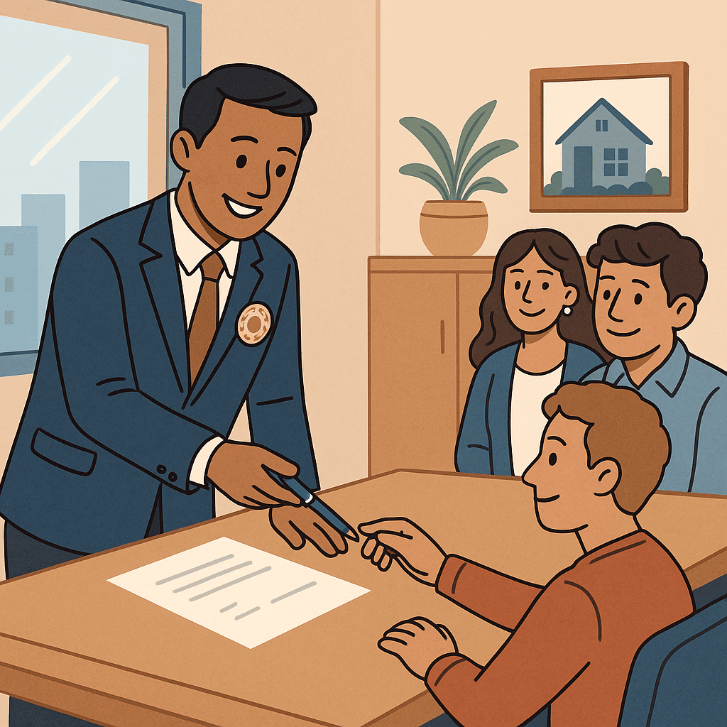Illustration of a notary handing a blue pen to a signer during a real estate closing