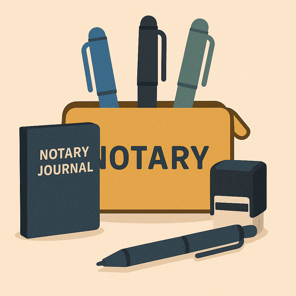 Cartoon-style notary toolkit with pens of different ink colors