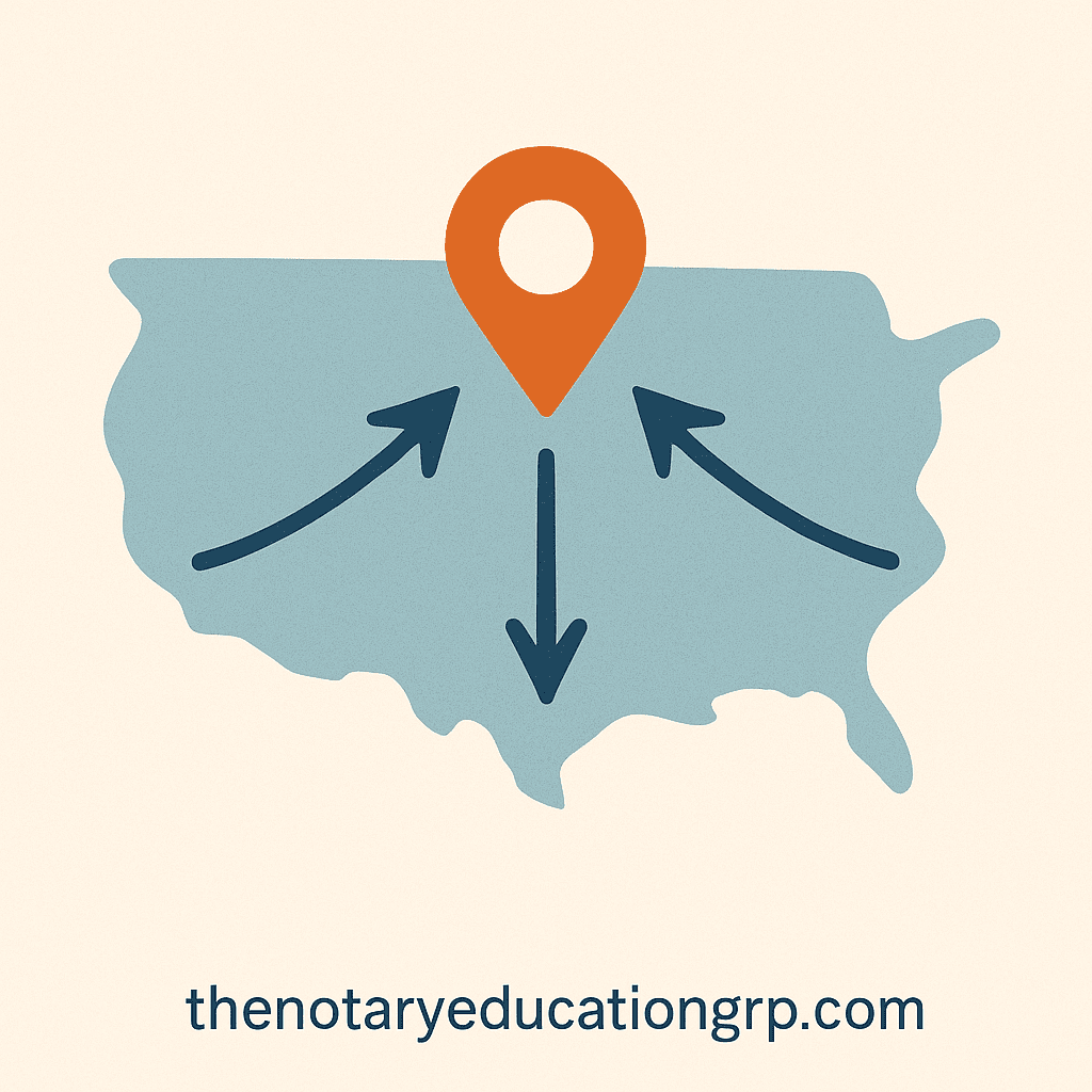 Local map with pin and arrows expanding outward, symbolizing starting locally before growing business reach.