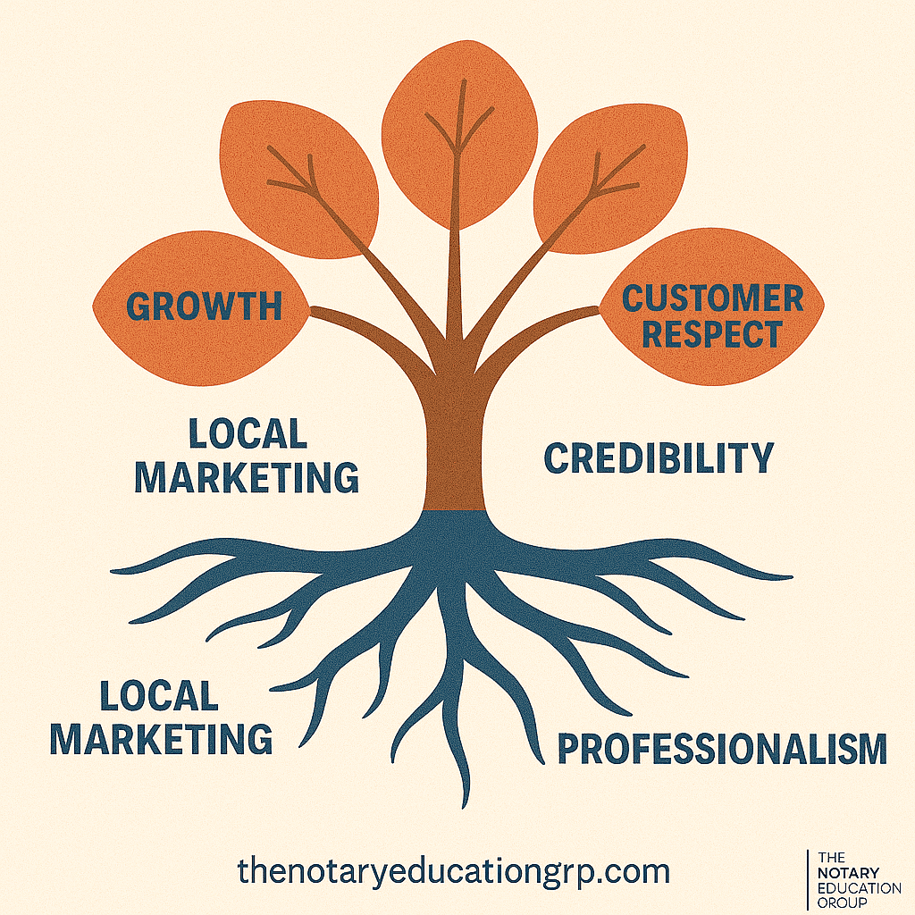 Tree graphic showing roots of audience research, local marketing, professionalism leading to business growth and credibility.