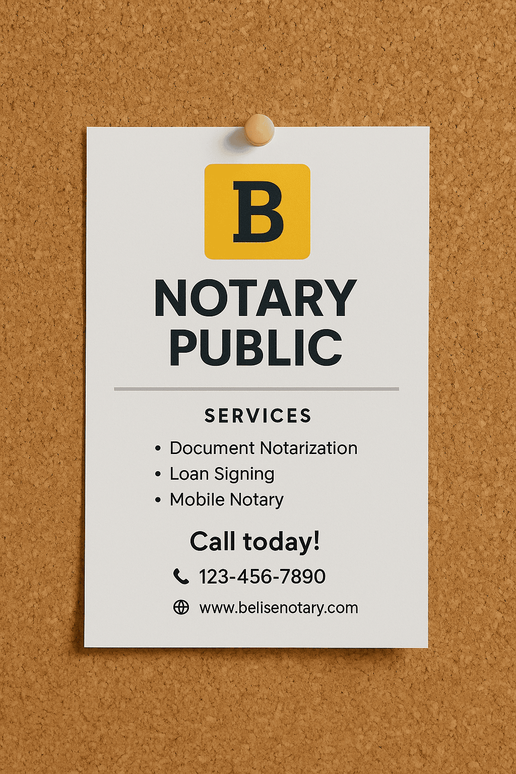 Marketing flyer with bold headline, service details, and call-to-action pinned on a community board.