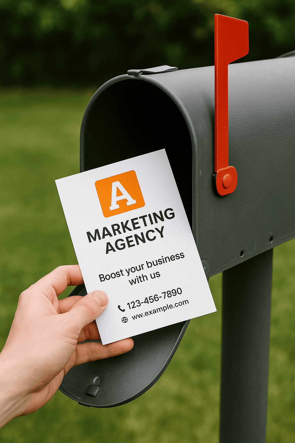 Promotional postcard with eye-catching headline and simple design for direct mail marketing.