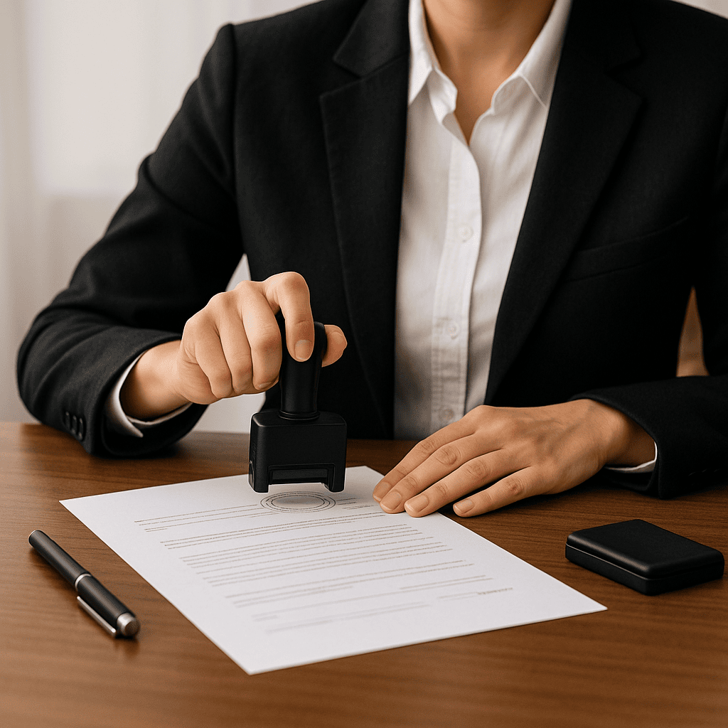 A notary stamping a single-page document at a desk.