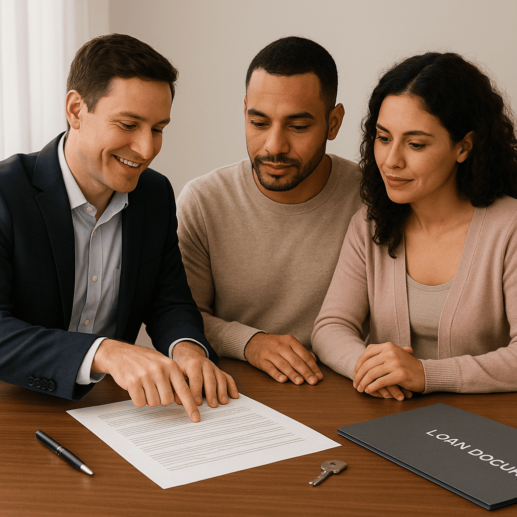 Loan signing agent walking borrowers through mortgage closing documents.