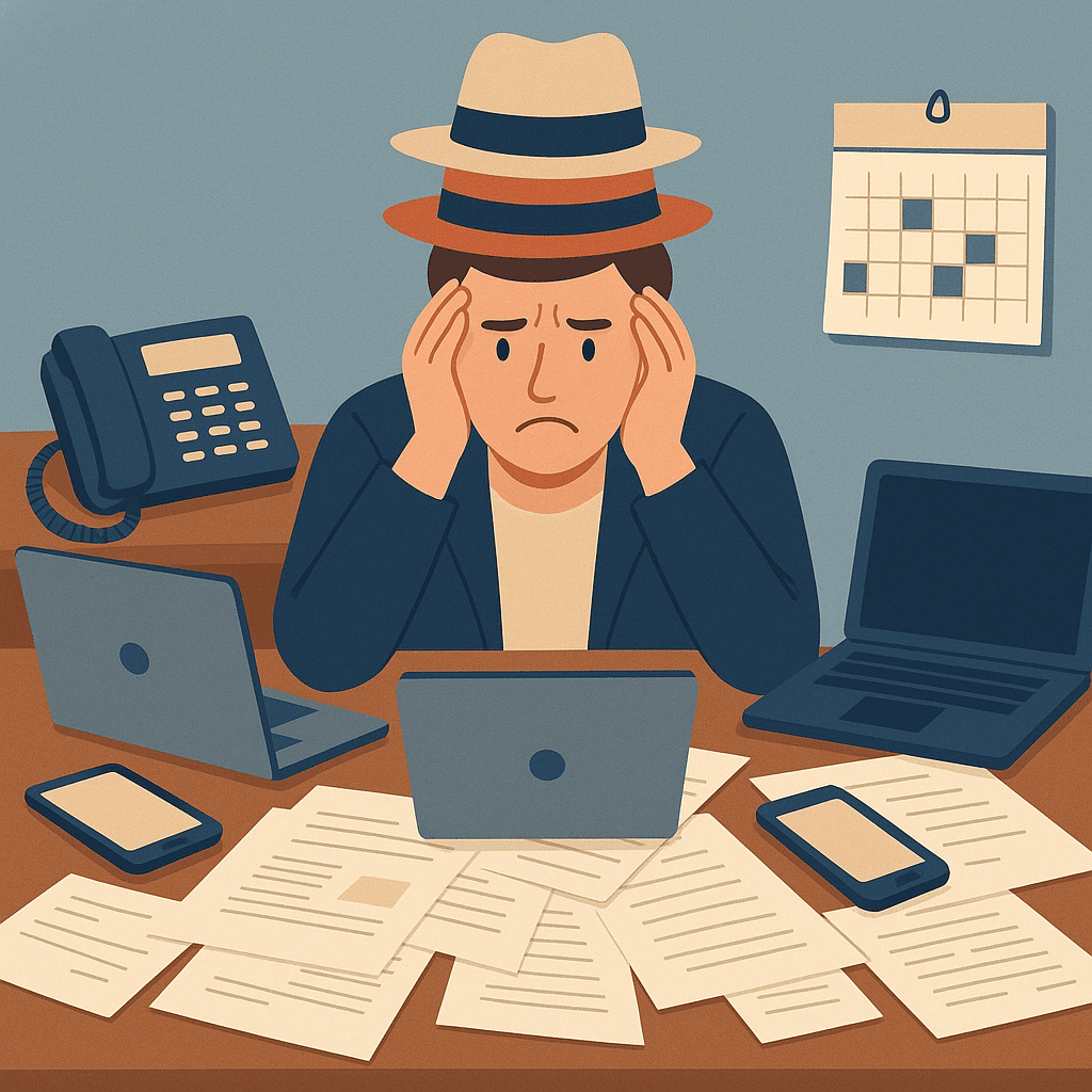 Overwhelmed small business owner juggling too many tasks at once.