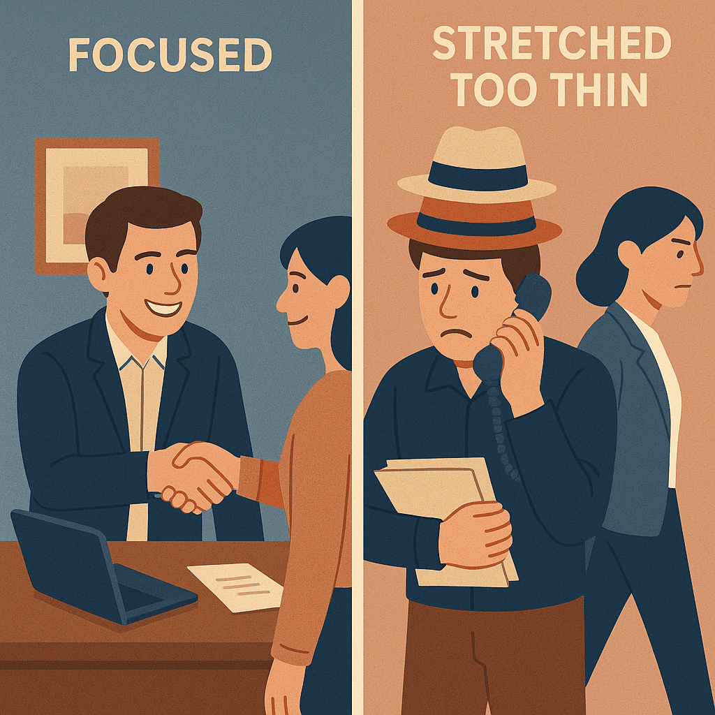 Comparison of a focused business owner versus one stretched too thin, highlighting customer frustration.