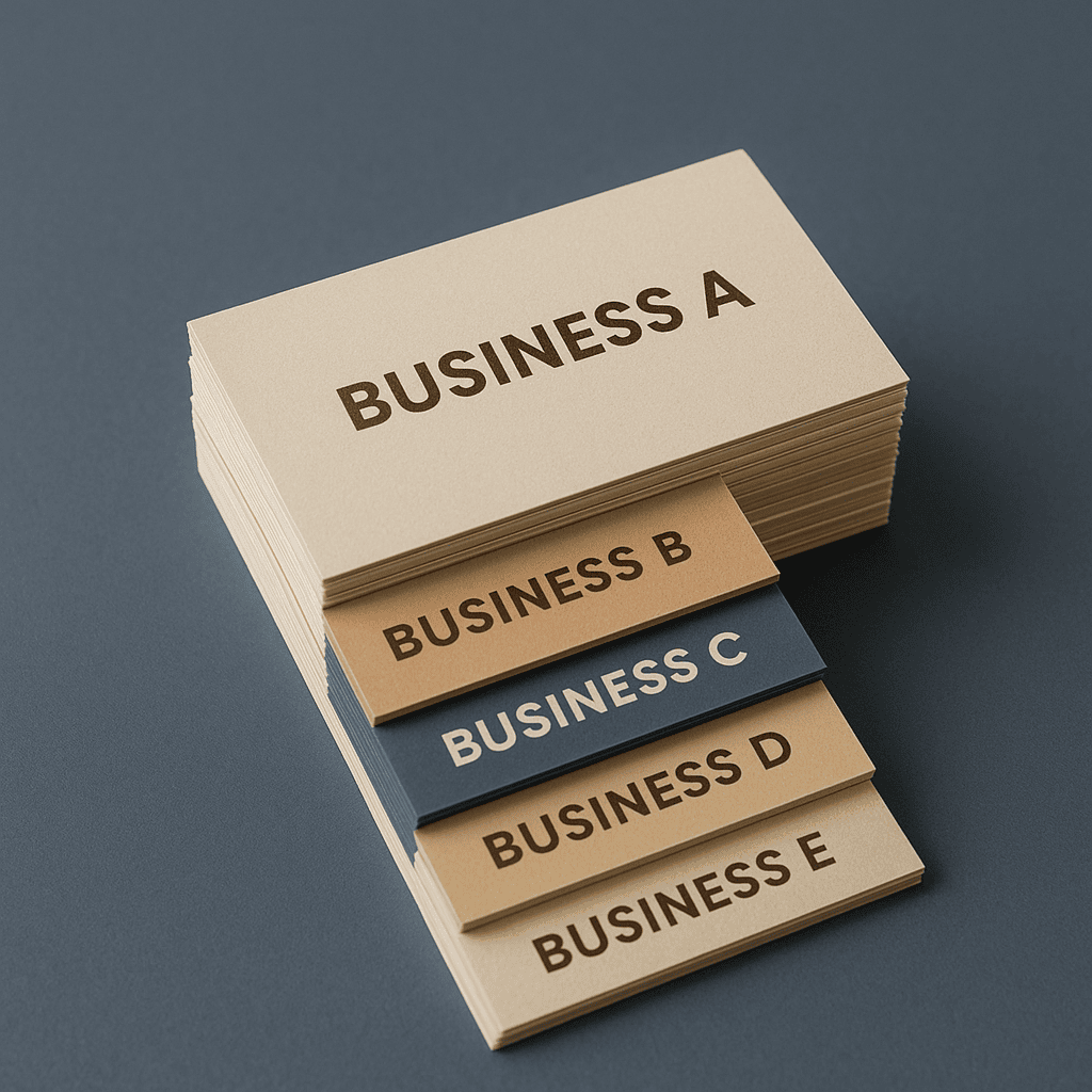 Pile of business cards representing multiple ventures overwhelming a small business owner.