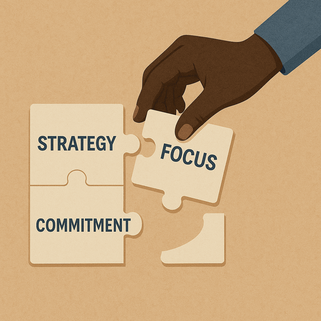 Strategic planning puzzle pieces emphasizing focus and commitment in business.