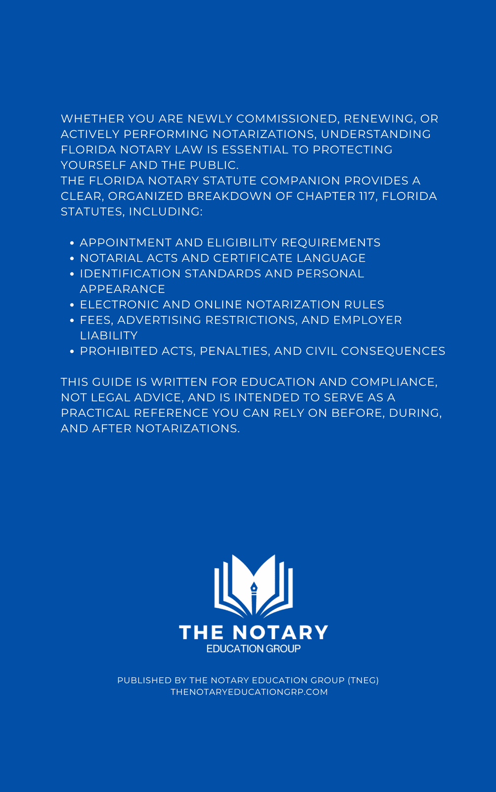 The Florida Notary Statute Companion- Desk Reference by TNEG - Back Cover